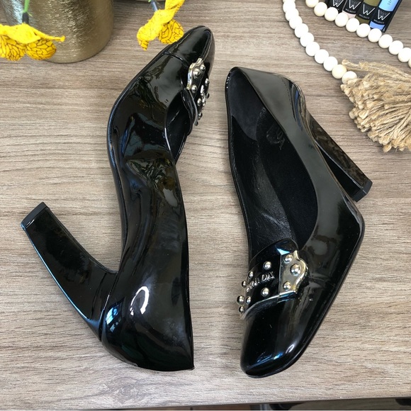 Prada Black Patent Leather Logo Detail Square Toe Block Calzature Donna Pumps 38 - Picture 4 of 10